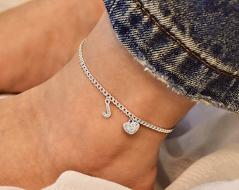 Personalized Sparkle Initial Anklet, Sparkle Initial Heart Anklet, Family Letter Name Bracelet, Gift for Her, Adjustable Ankle Chain