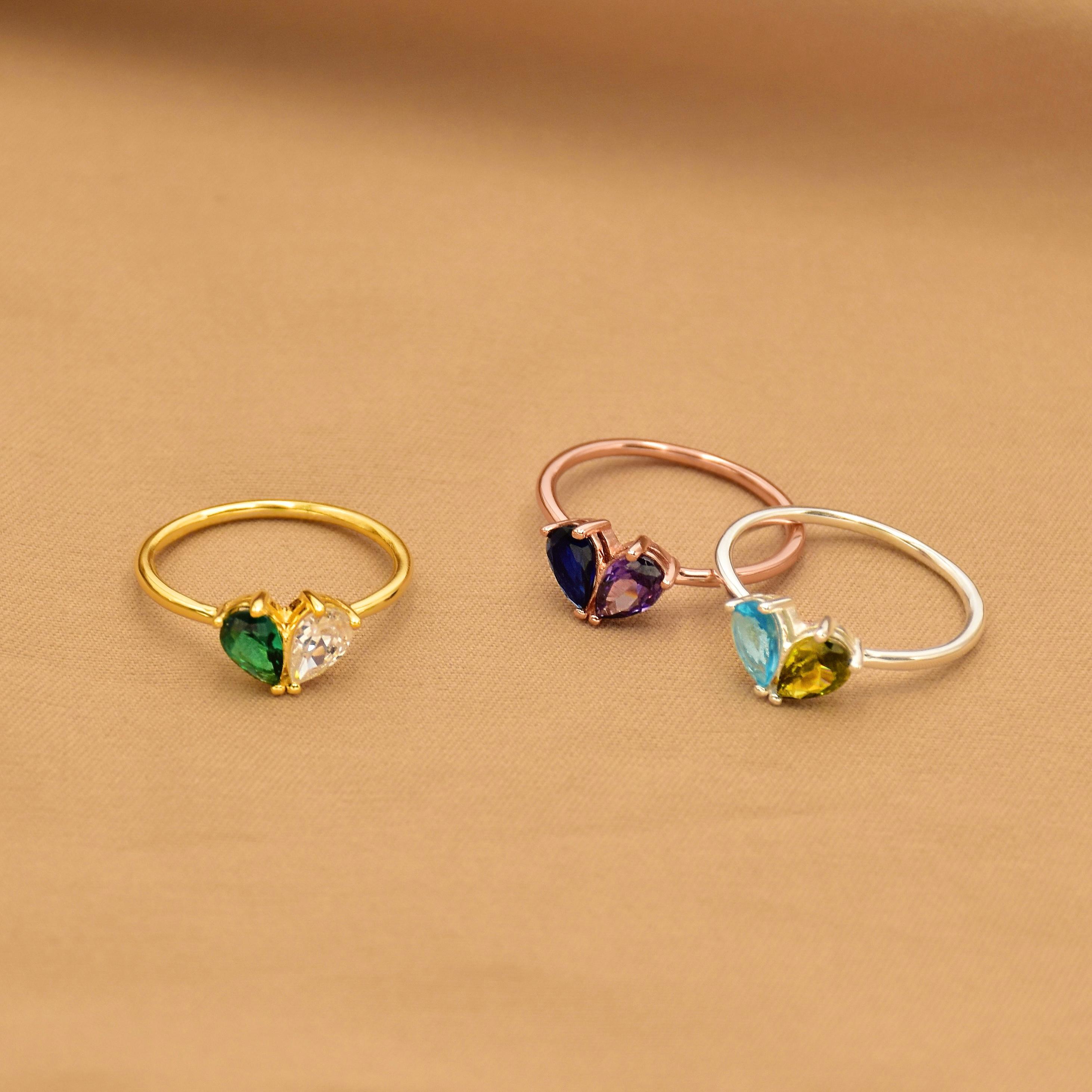 Custom Heart Birthstone Ring, Pear Cut 2 Birthstone Ring, Custom Stacking Ring, Christmas Gifts, Gift for Mom/Mother, Birthday Gift for Her