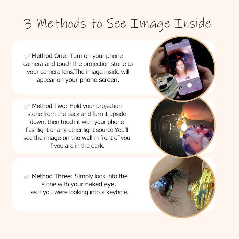 May include: An instructional graphic titled 3 Methods to See Image Inside, detailing three ways to view a projection stone. It includes text instructions and three circular inset photos showing a phone camera, a flashlight projection, and a direct eye view.
