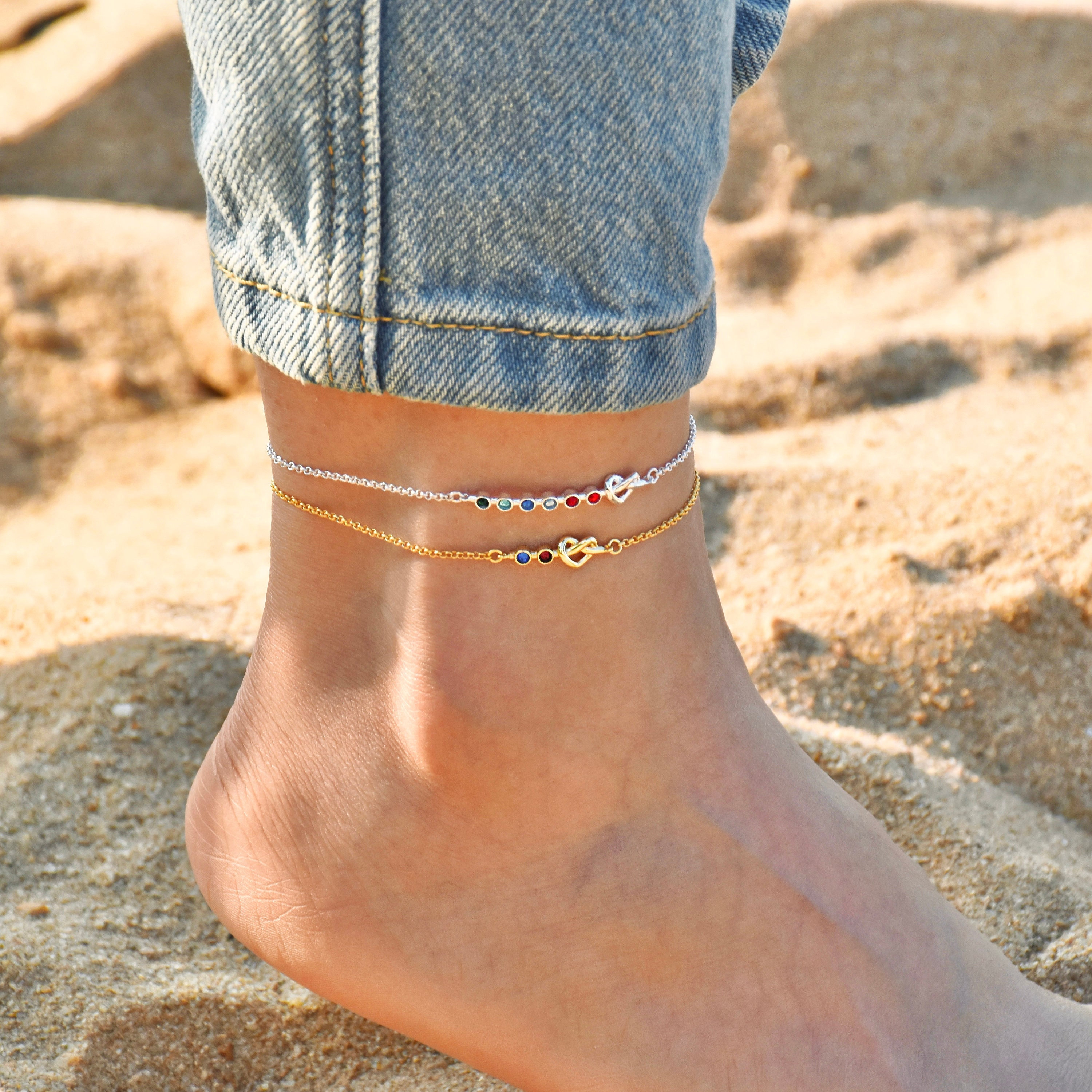 Personalized Birthstone Anklet, Mom Anklet with Children's Birthstones,Gift for Her, Valentines Day Gift,Custom Anklet Jewelry,Heart Jewelry