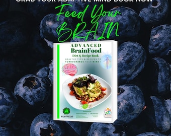 May include: A green and white book cover with the title "Advanced BrainFood Diet & Recipe Book" and the tagline "Healthy tips & recipes to turbocharge your mind!" The cover features a photo of a healthy meal with a brain illustration.