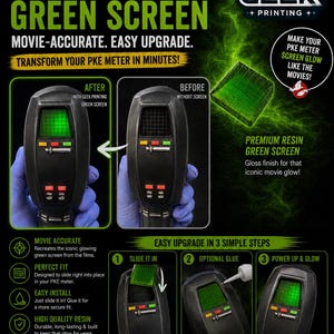 Op de afbeelding: Een PKE-meter scherm upgrade kit van groene hars met een rasterpatroon. De kit bevat een doorschijnende groene inzet die in een PKE-meter apparaat past. De afbeelding toont de installatiestappen met een voor- en na-vergelijking.