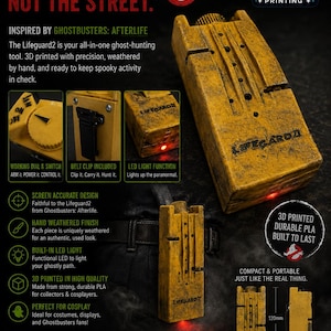 May include: A yellow, rectangular 3D printed Lifeguard2 ghost-hunting tool with a weathered finish, a working dial, a belt clip, and a red LED light. The device measures 120mm by 55mm by 40mm and features the text Lifeguard2 on the front surface.