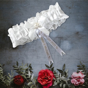 Personalised Wedding Garter / White & Blue / Something Special Blue / Wedding Gift for Bride / wedding memory and Ideas Presents