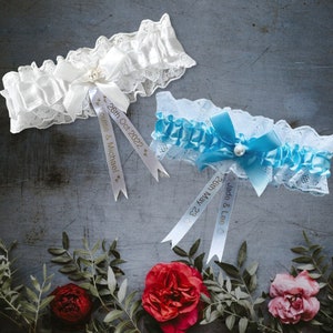 Personalisiertes Hochzeit Strumpfband: Weiß & Blau Andenken, Braut Geschenk