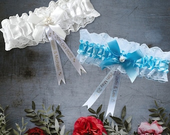 Personalised Wedding Garter / White & Blue / Something Special Blue / Wedding Gift for Bride / wedding memory and Ideas Presents