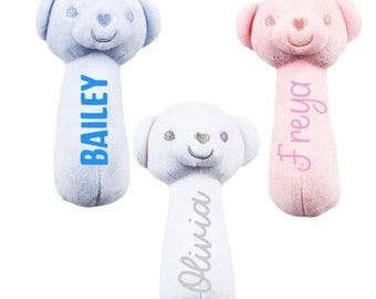 Personalised baby rattle gift / new baby gift / soft rattle baby hand  / any name / baby 1st gift / baby comforter soft fleece animal toy