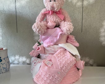 Personalised baby diaper cake, baby nappy cake, personalised baby shower gift, baby gift, hospital gift, baby bibs, baby comforter, blanket