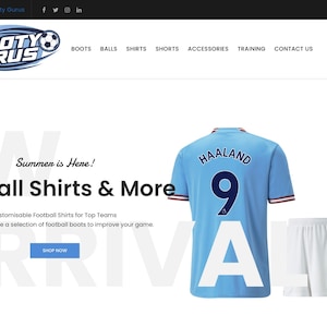 May include: A light blue soccer jersey with the name "HAALAND" and the number "9" on the back. The jersey is paired with white shorts. The text "Summer is Here! Football Shirts & More" is displayed on the website.