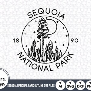May include: Black and white line art illustration of a large sequoia tree in Sequoia National Park. The illustration is in a circle with the text "Sequoia National Park" and the years "1890" and "18" around the circle.