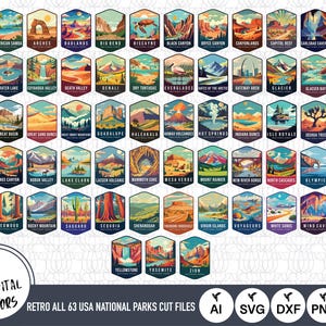 Retro All 63 USA National Parks SVG Files | National Parks Cut Files | National Parks Vector | United States of America National Parks