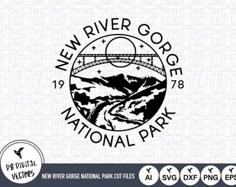 May include: Black and white illustration of a circular stamp with the text "New River Gorge National Park 1978" and a depiction of a bridge and mountains.