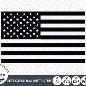 May include: Black and white silhouette of the United States flag. The flag is a rectangle with 13 horizontal stripes, 7 red and 6 white. The top left corner of the flag has a blue rectangle with 50 white stars.