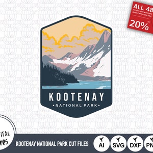 May include: A blue and white illustrated badge with a mountain scene and the text "KOOTENAY NATIONAL PARK".