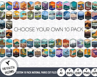Choose Your Own 10 Pack from 63 National Parks | 10 Custom National Parks Outline SVG Files | Custom National Parks National Park Cut Files