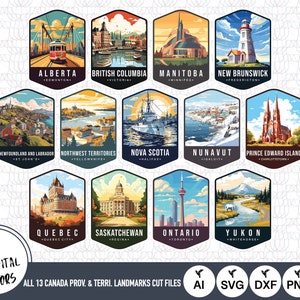All 13 Canada Province & Territories Landmarks with Capitals SVG Files | Canada Cut Files | Canda | Clip Art