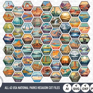 May include: A colourful hexagonal chart featuring illustrations of all 63 US National Parks. Each hexagon is labelled with the park's name. The chart is surrounded by a white background with the text "ALL 63 USA NATIONAL PARKS HEXAGON CUT FILES" at the bottom.