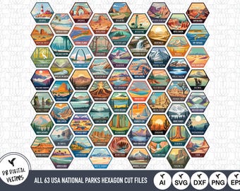 Wszystkie 63 pliki do cięcia SVG w kształcie sześciokąta z parkami narodowymi USA (63)