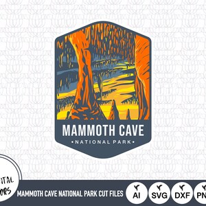 Puede incluir: Una ilustración de estilo vintage del Parque Nacional de Mammoth Cave. La imagen presenta una representación estilizada del interior de la cueva, con estalactitas y estalagmitas, y el texto "Mammoth Cave National Park".
