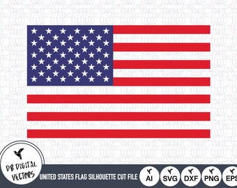 May include: A digital cut file of the United States flag silhouette in red, white, and blue. The file is available in AI, SVG, DXF, PNG, and EPS formats.