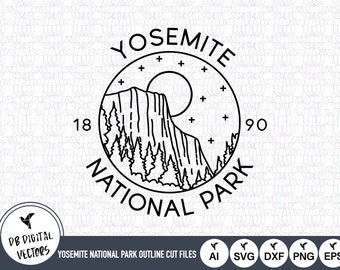May include: Black and white outline illustration of Yosemite National Park with a mountain range, trees, a moon, and stars. The text "Yosemite National Park" is written in a circle around the illustration. The numbers "18" and "90" are on either side of the circle.