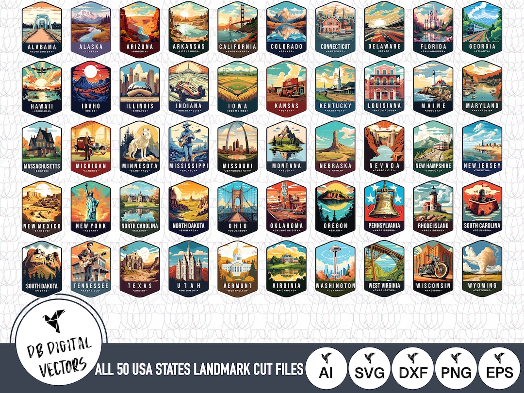 All 50 USA States Landmarks With Capitals SVG Files | United States Cut Files | United States of ...