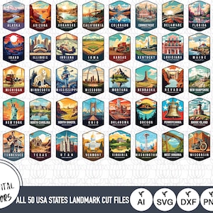 All 50 USA States Landmarks with Capitals SVG Files | United States Cut Files | United States of America | Clip Art