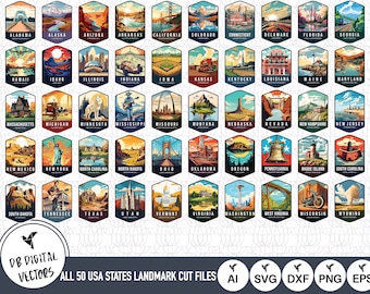 All 50 USA States Landmarks with Capitals SVG Files | United States Cut Files | United States of America | Clip Art