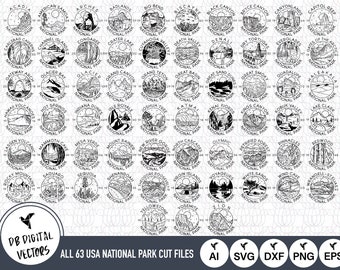 May include: A black and white graphic illustration of all 63 US National Parks. Each park is represented by a circular design with the park name and "National Park" text. The illustrations are arranged in a grid pattern.