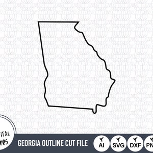 May include: Black and white outline of the state of Georgia. The outline is a cut file for crafting projects. The file formats included are AI, SVG, DXF, PNG, and EPS.