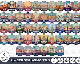Pliki SVG do wycinania wszystkich 46 europejskich stolic: Clipart miasta (pobieranie cyfrowe)