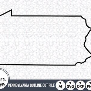 May include: Black and white outline of the state of Pennsylvania. The outline is a cut file for crafting projects. The file formats included are AI, SVG, DXF, PNG, and EPS.