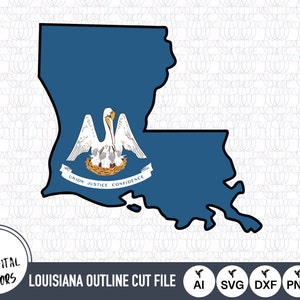 May include: A black outline of the state of Louisiana with the state flag inside. The flag features a white pelican with a yellow beak and legs, perched on a nest with three baby pelicans. The flag has a blue background with the words "Union, Justice, Confidence" written in white on a white ribbon.