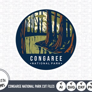 May include: A vintage-style illustration of Congaree National Park, featuring a winding river flowing through a dense forest of tall trees. The text "Congaree National Park" is displayed below the image.