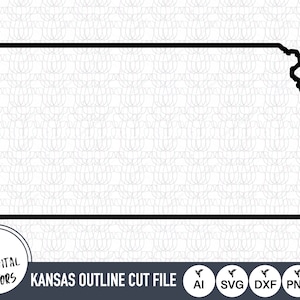 Könnte beinhalten: Schwarz-weiße Umrisszeichnung des Bundesstaates Kansas. Die Umrisszeichnung ist eine digitale Schnittdatei für Bastelprojekte. Die Datei ist in den Formaten AI, SVG, DXF, PNG und EPS verfügbar.