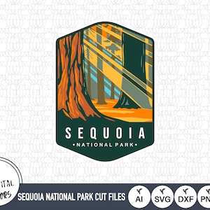 Puede incluir: Una insignia ilustrada verde, amarilla y naranja con una imagen estilizada de un bosque de secuoyas. El texto "SEQUOIA NATIONAL PARK" está impreso en blanco en la insignia.