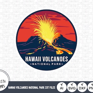 May include: A red, yellow, and orange illustration of a volcano erupting in Hawaii Volcanoes National Park. The text "Hawaii Volcanoes • National Park •" is below the image.