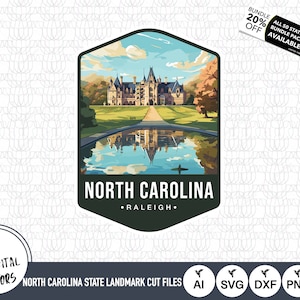 May include: A vintage-style illustration of Biltmore Estate, a large, white mansion with a green roof, surrounded by trees and a reflecting pool. The text "NORTH CAROLINA • RALEIGH •" is below the image.