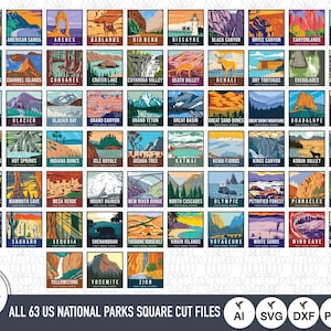 May include: A collection of 63 square illustrations, each depicting a different U.S. National Park. The images feature various landscapes, including mountains, canyons, and coastlines, rendered in a vintage travel poster style. The text "ALL 63 US NATIONAL PARKS SQUARE CUT FILES" is at the bottom.