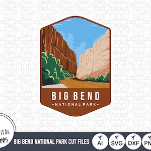 May include: A brown and tan illustrated badge with a canyon scene and the text "BIG BEND • NATIONAL PARK."