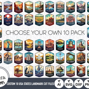 May include: A set of 50 colourful vintage-style state emblem illustrations. Each emblem features a state name and a landmark or symbol. The emblems are arranged in a grid pattern. The text "Choose Your Own 10 Pack" is displayed in the centre of the image. The text "CUSTOM 10 USA STATES LANDMARK CUT FILES" is displayed at the bottom of the image. The text "AI SVG DXF PNG EPS" is displayed at the bottom of the image.