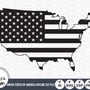 Arquivos SVG de bandeira de contorno de mapa dos EUA | Arquivos de corte de mapa e bandeira dos EUA | Arquivos vetoriais de bandeira americana | Estados Unidos da América Svg