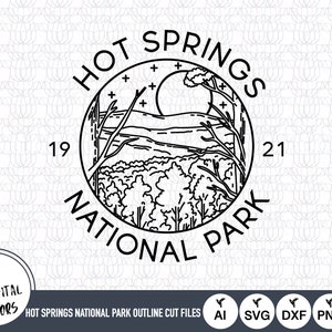 May include: Black and white line art illustration of a landscape with a moon and stars. The text "HOT SPRINGS NATIONAL PARK" is written in a circle around the landscape. The numbers "19" and "21" are on either side of the circle.