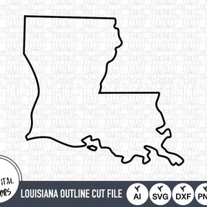 May include: Black and white outline of the state of Louisiana. The outline is a cut file for crafting projects. The file is available in AI, SVG, DXF, PNG, and EPS formats.