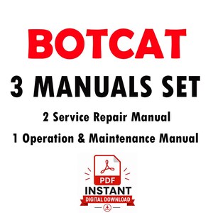 Pode incluir: Um conjunto de documentos digitais intitulado BOTCAT 3 MANUALS SET, incluindo 2 manuais de reparação e 1 manual de operação e manutenção. O gráfico inclui um ícone PDF vermelho com o texto INSTANT DIGITAL DOWNLOAD num fundo branco.