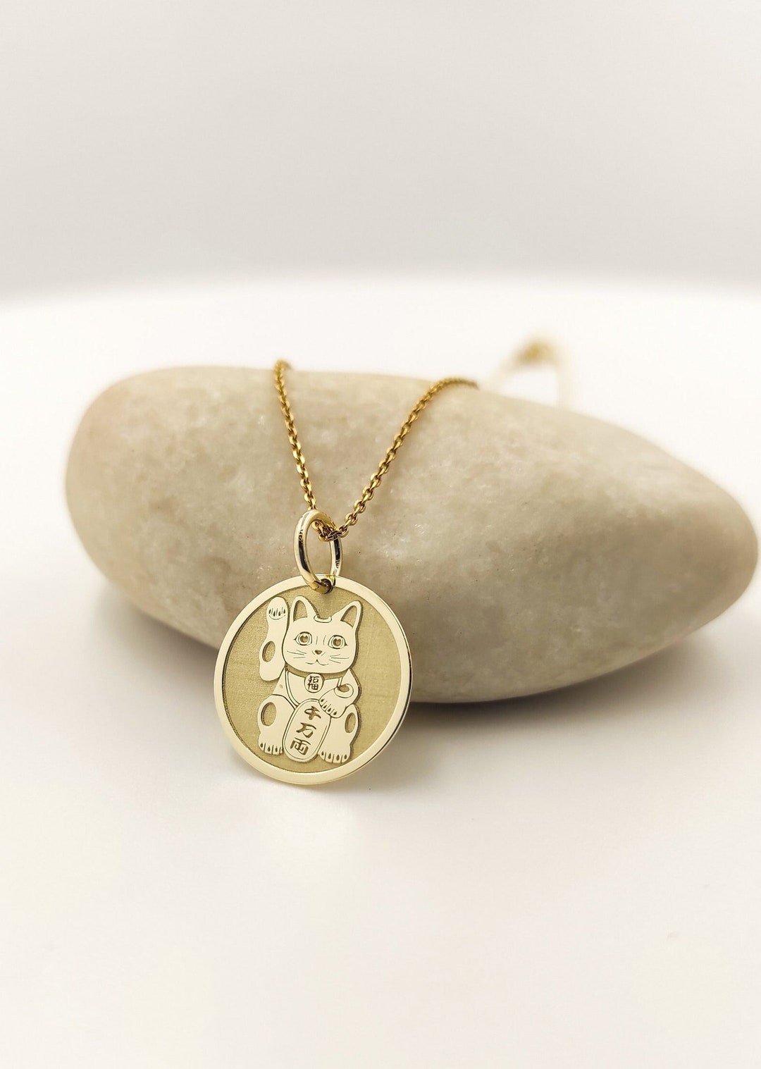 14K Real Gold Maneki Neko Necklace Gold Coin Lucky Cat Symbol Etsy