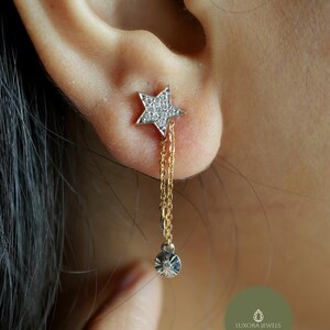 Tiny Moonstone Star Dangle Stud Earrings in Sterling Silver, Silver or Gold, Aurora Star Earrings, Sunburst Earrings, Celestial