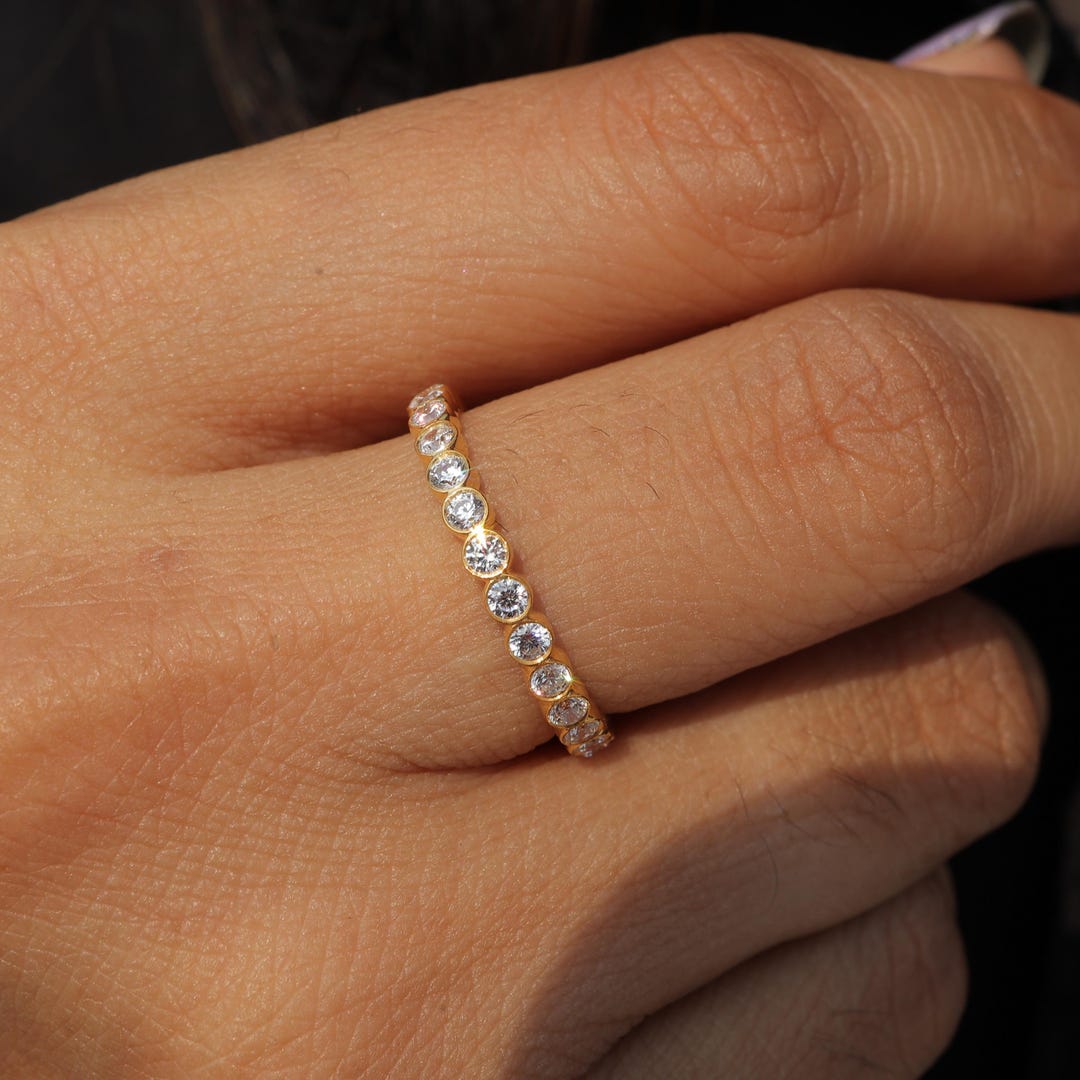 14K Gold Lab Grown Diamond Eternity Ring, 2MM Round Bezel Set Wedding ...