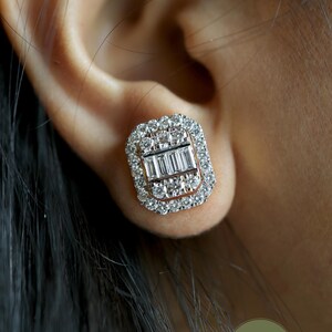 Baguette Square Earrings, Diamond Stud Earrings in 10K Solid Gold, Handmade Cluster Diamond Halo Studs, Statement Jewelry Mothers Day Gift