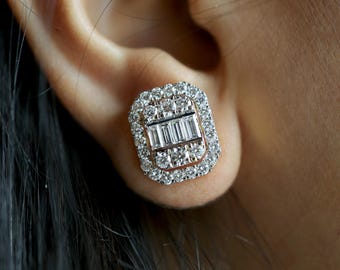 Stokbroodcluster, labdiamant, oorknopjes, massief gouden halo, statement, bruidscadeau voor vrouwen